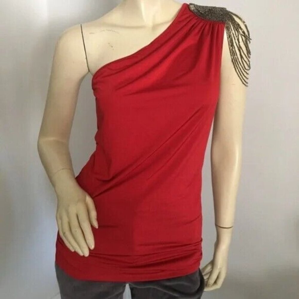 Red Sleeveless Top One Shoulder Silver Beaded Fringe Blouse Shirt Medium